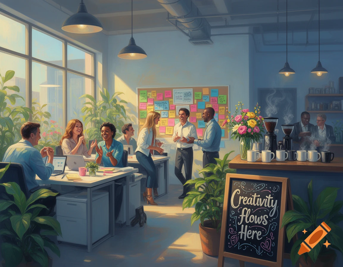 A vibrant, sunny office scene with diverse people happily interacting around desks, a coffee station, and a chalkboard sign reading "Creativity Flows Here."