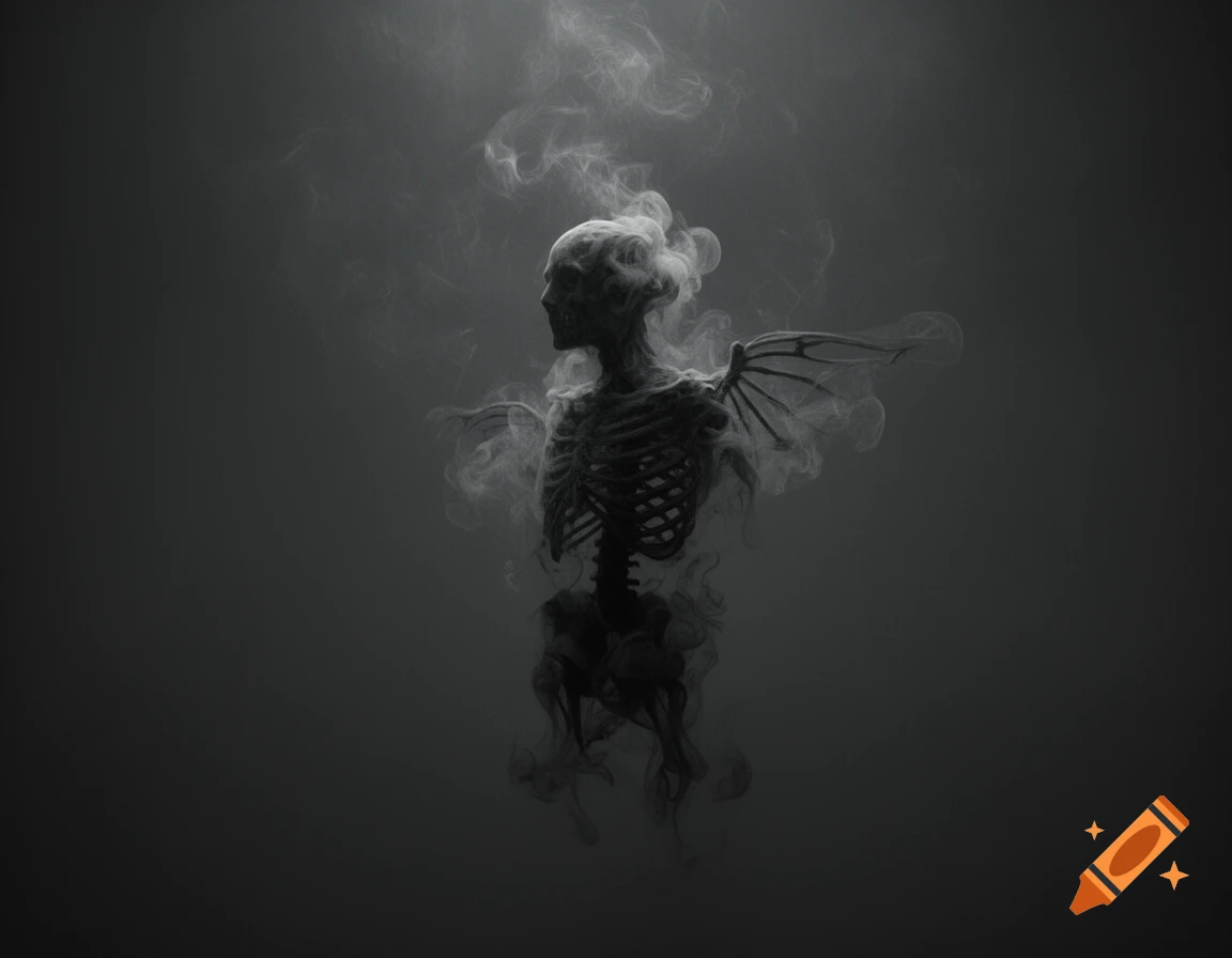 Dark, smoky skeletal figure with ethereal wings, emerging from vapor against a dark background.