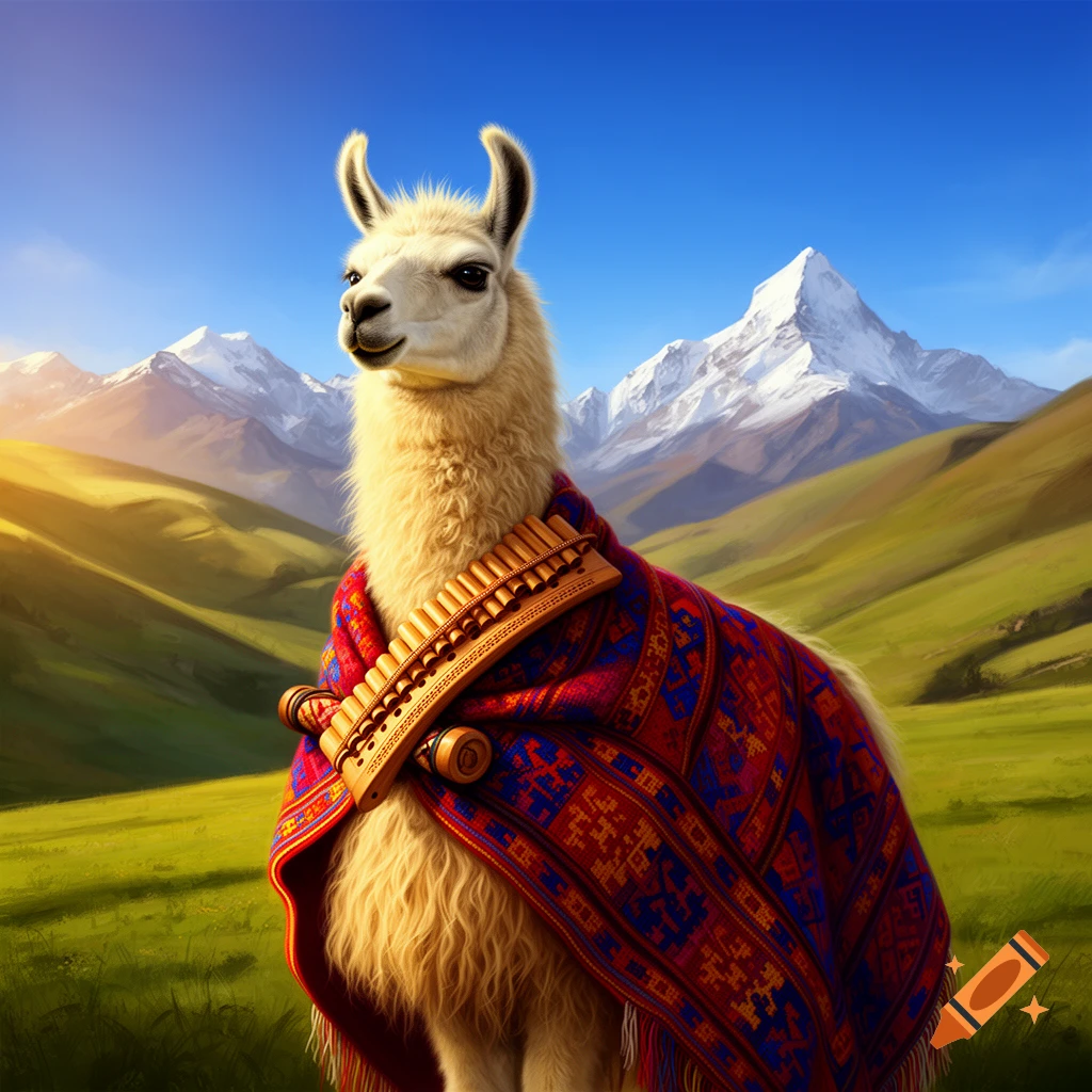 A majestic llama wearing a vibrant Peruvian poncho and pan flute stands in a lush mountain valley with snow-capped peaks.