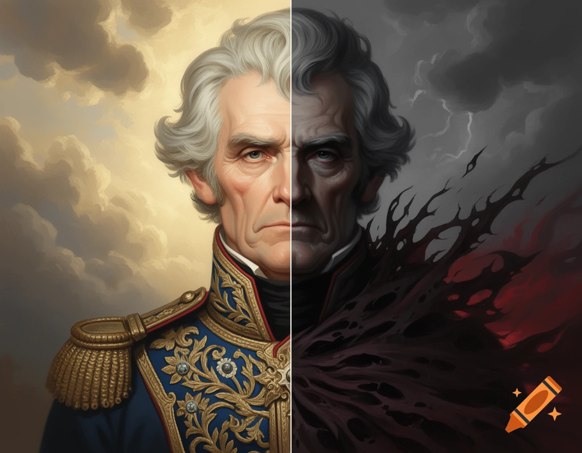 A digital painting of Andrew Jackson's face, split down the middle: one half is a heroic portrait, the other a dark, villainous visage.