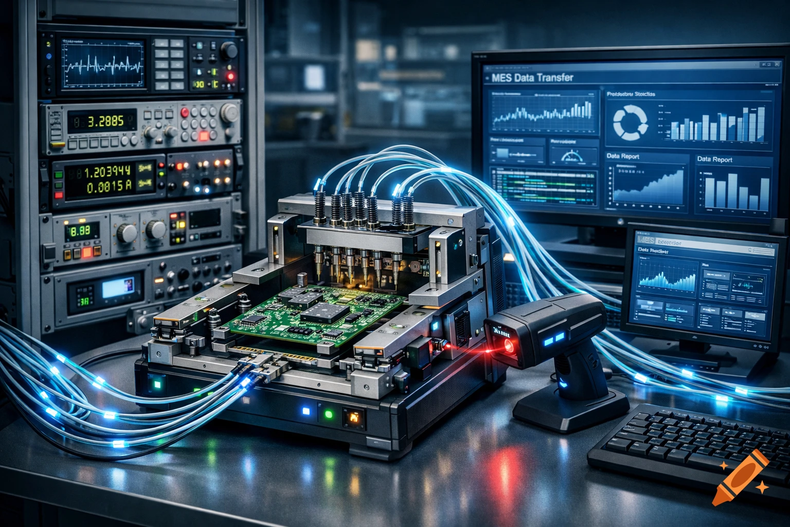 A close-up of electronic testing equipment with a circuit board, glowing blue cables, a barcode reader, and monitors displaying data in a lab.