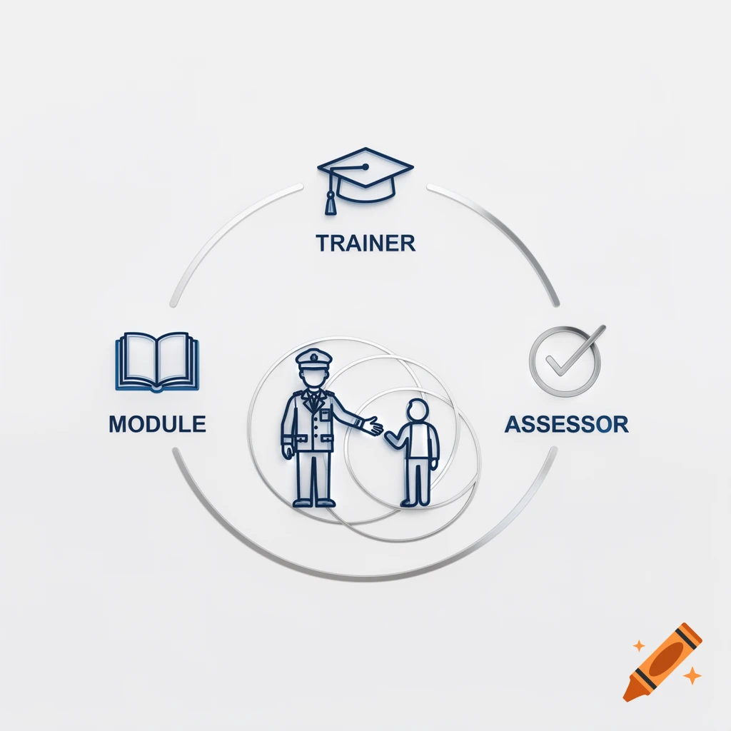 An icon with an officer and trainee at the bottom, surrounded by a cycle connecting 'MODULE' (book), 'TRAINER' (graduation cap), and 'ASSESSOR' (checkmark).
