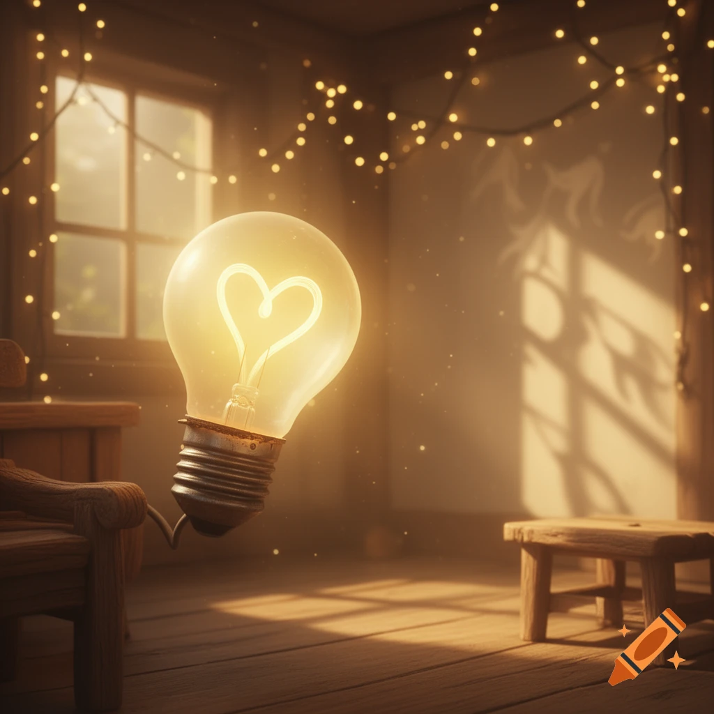 A glowing lightbulb with a heart-shaped filament in a warm, sunlit room with string lights and wooden furniture.