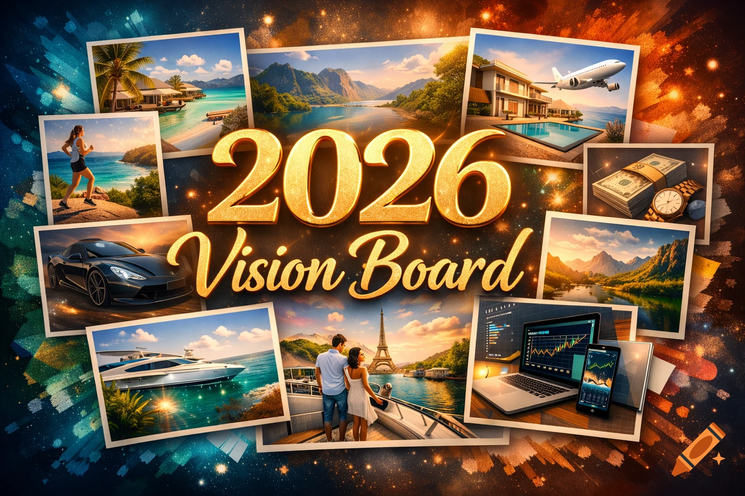 A vibrant 2026 Vision Board with glittery gold text, surrounded by images of luxury travel, fitness, money, and beautiful landscapes.