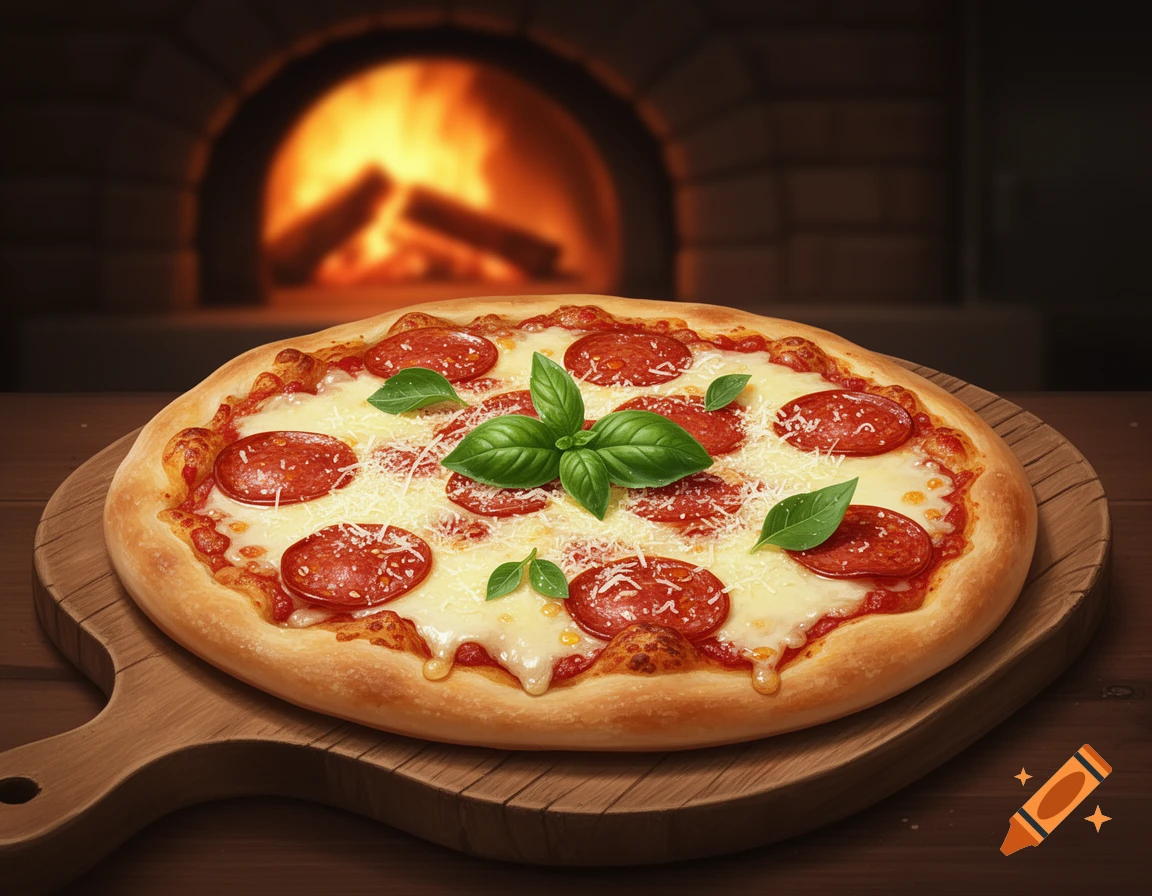 A photorealistic pepperoni pizza with melted cheese and fresh basil leaves on a wooden paddle, in front of a blurred, glowing pizza oven.