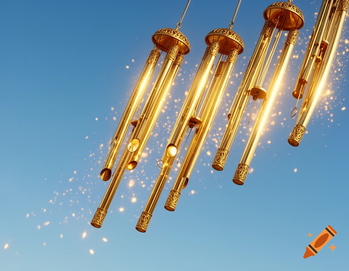 Several golden wind chimes gleam brightly against a clear blue sky, with light particles sparkling around them.