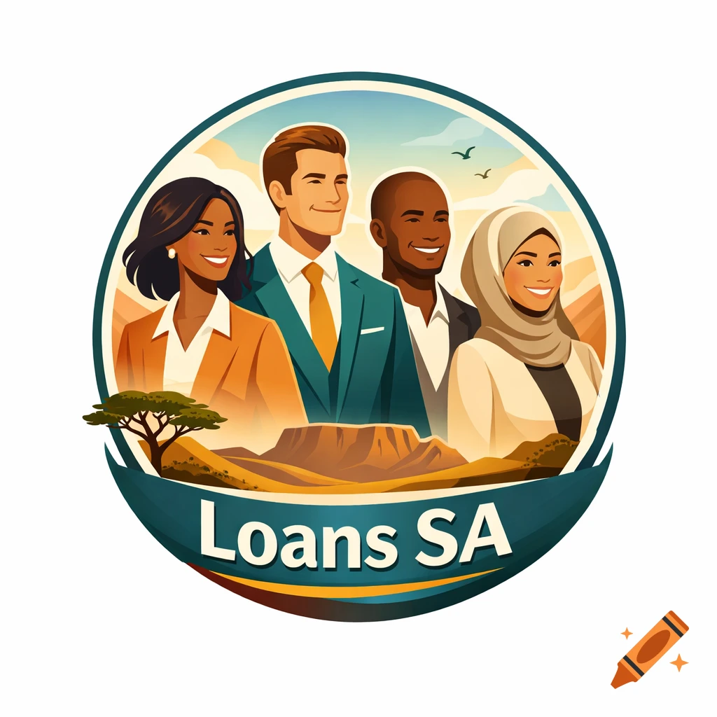 Circular illustration of four diverse smiling business people, an African landscape with mountains and an acacia tree, and a banner with "Loans SA" text.