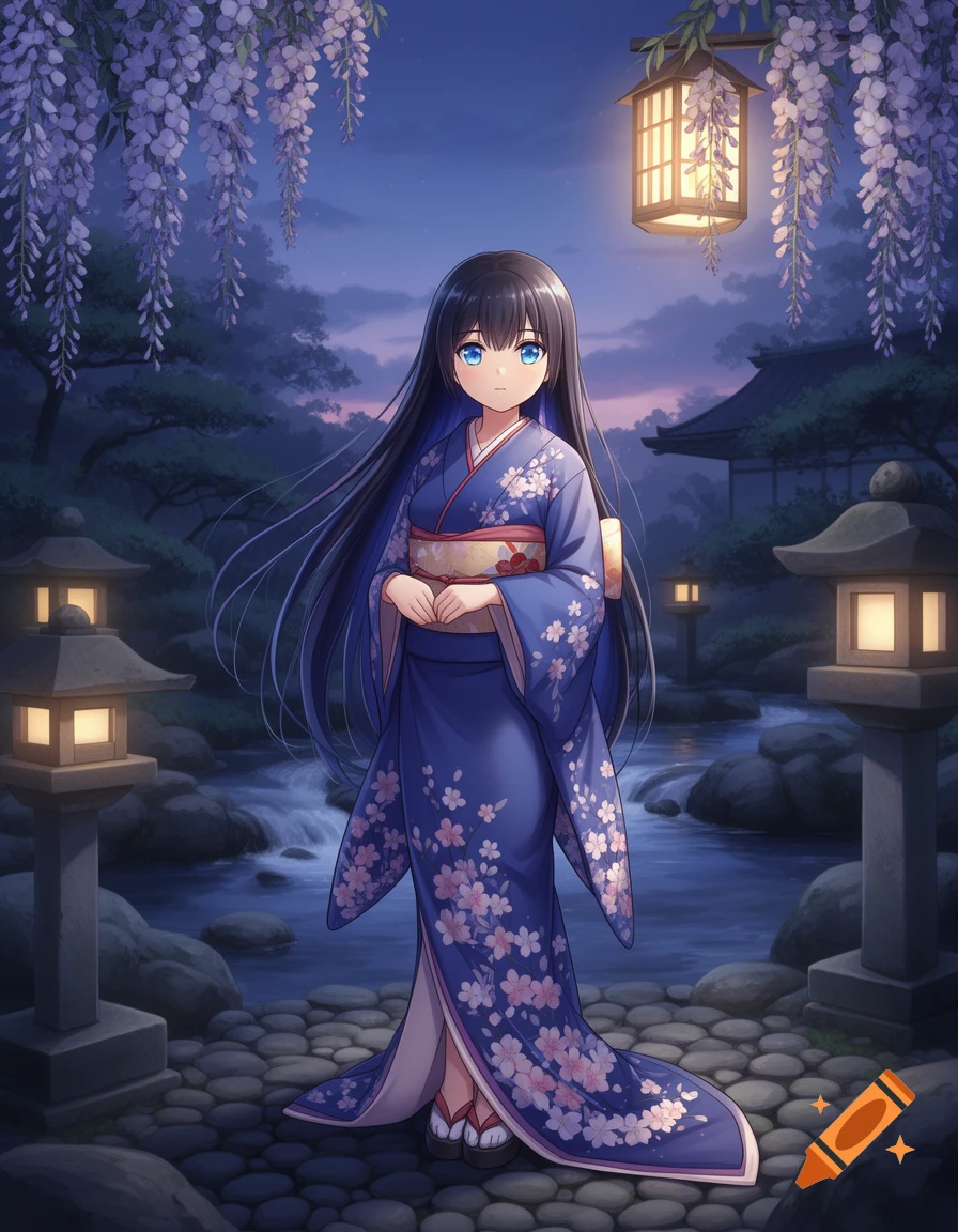An anime woman in a blue kimono with cherry blossoms stands on a ...