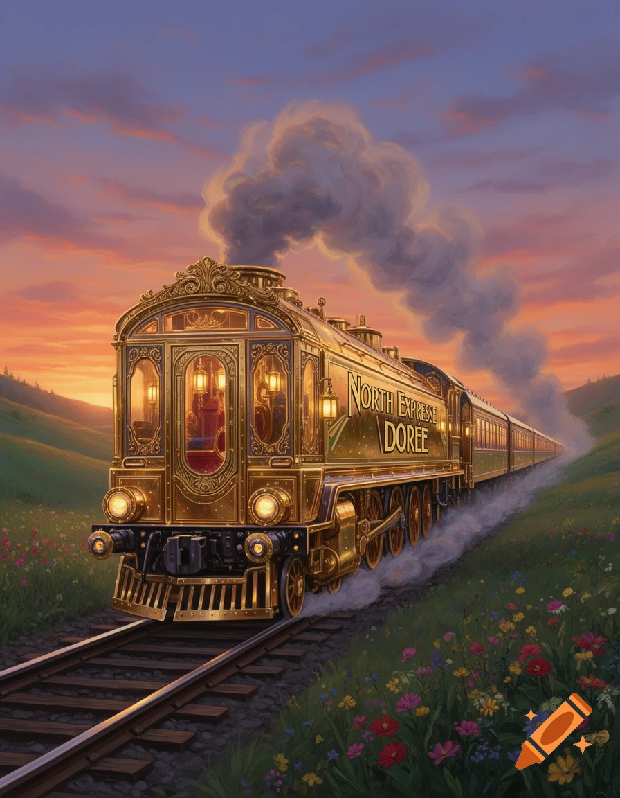 An ornate golden train, named 'NORTH EXPRESSE DOREE', steams through a flowery green landscape under a dramatic sunset sky.