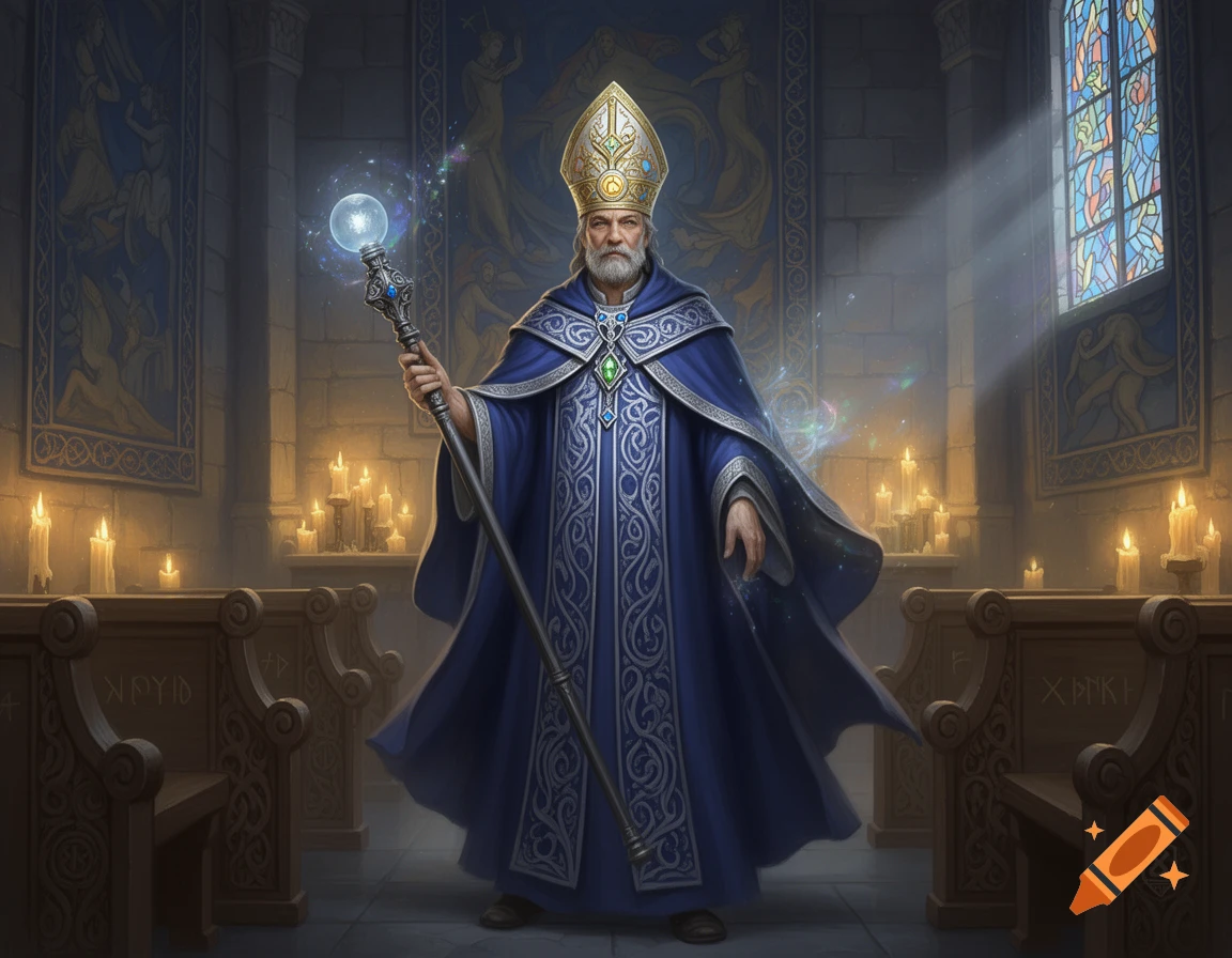 A bearded fantasy bishop in a blue robe and golden miter holds a glowing staff in a candlelit church with stained glass.