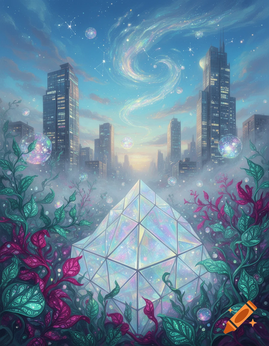 A vibrant fantasy cityscape at twilight, featuring a glowing holographic pyramid surrounded by lush, colorful plants. Starry sky with a swirling nebula and floating iridescent bubbles.
