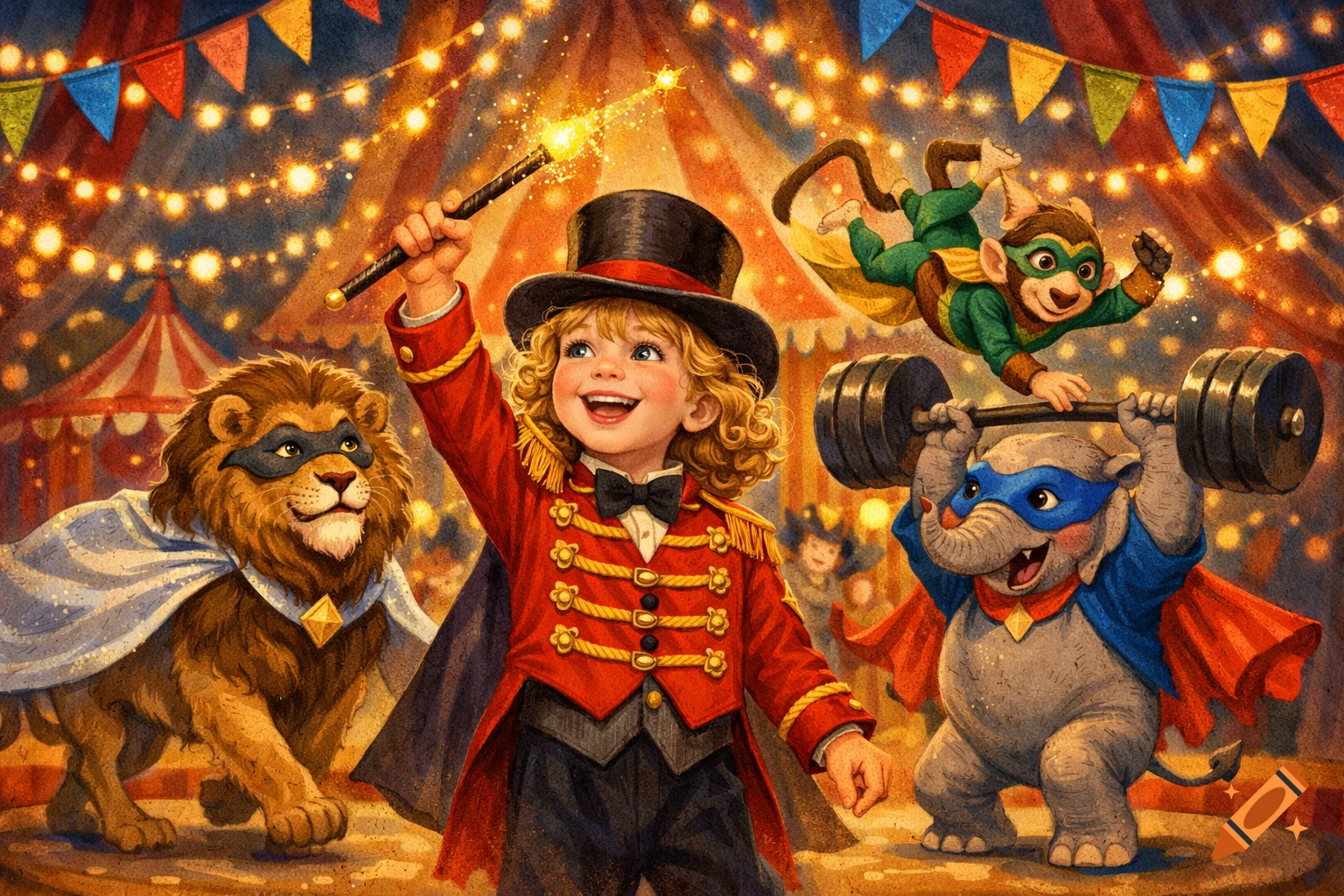 Children's book illustration of a cheerful boy ringmaster with a wand, a superhero lion, an elephant lifting weights, and a flying monkey under circus lights.