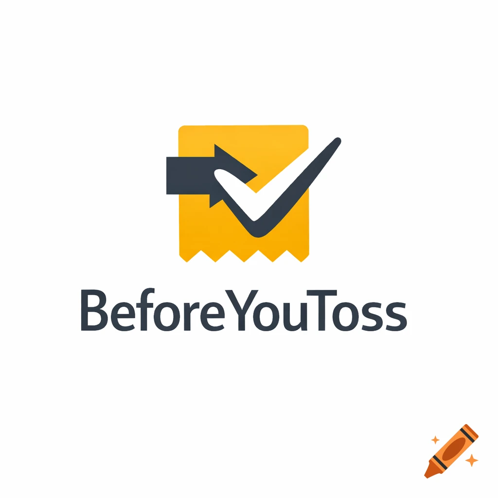 A modern minimalist logo featuring a stylized yellow receipt-like square with a dark gray arrow pointing into it and a white checkmark layered on top, above the wordmark "BeforeYouToss" in dark gray.