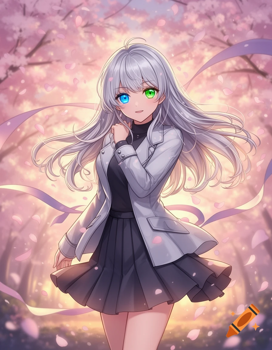 A smiling anime girl with long silver hair and heterochromia, wearing a grey jacket and dark skirt, stands in a cherry blossom forest with falling pink petals.
