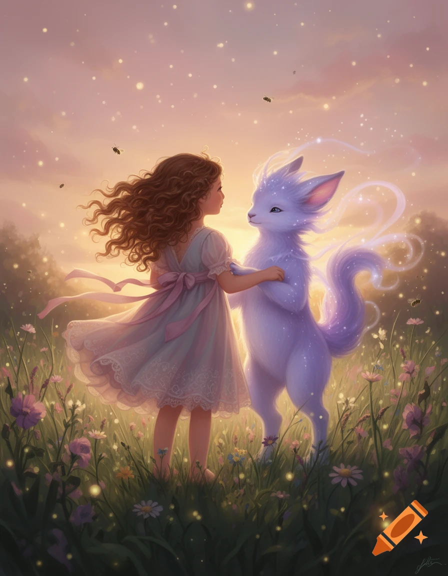 A young girl and a glowing light purple fantasy creature stand in a wildflower field at sunset, with sparkling lights in the air.