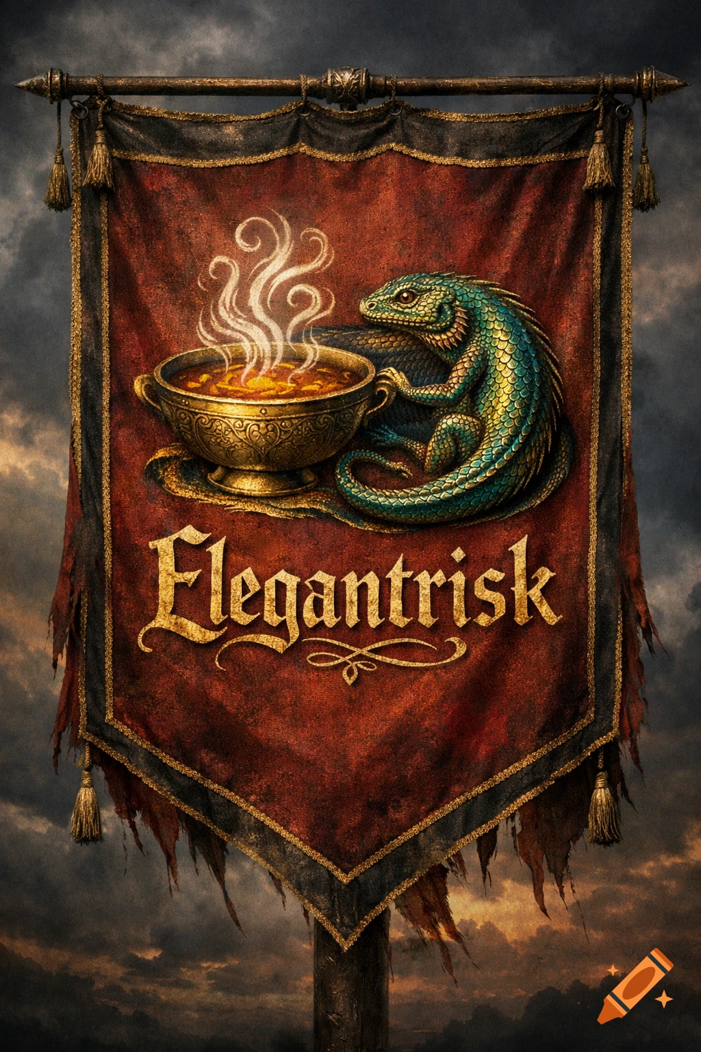 A fantasy, medieval-style red banner with a blue-green lizard, steaming golden soup, and 'Elegantrisk' text.