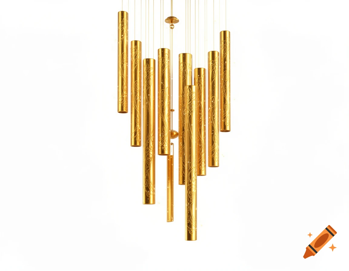 An illustration of golden wind chimes with intricate patterns, hanging against a clear white background.
