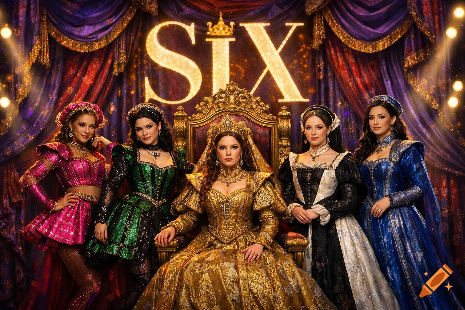 Six queens in elaborate, colorful costumes pose on and around a golden throne with a 'SIX' logo in the background.