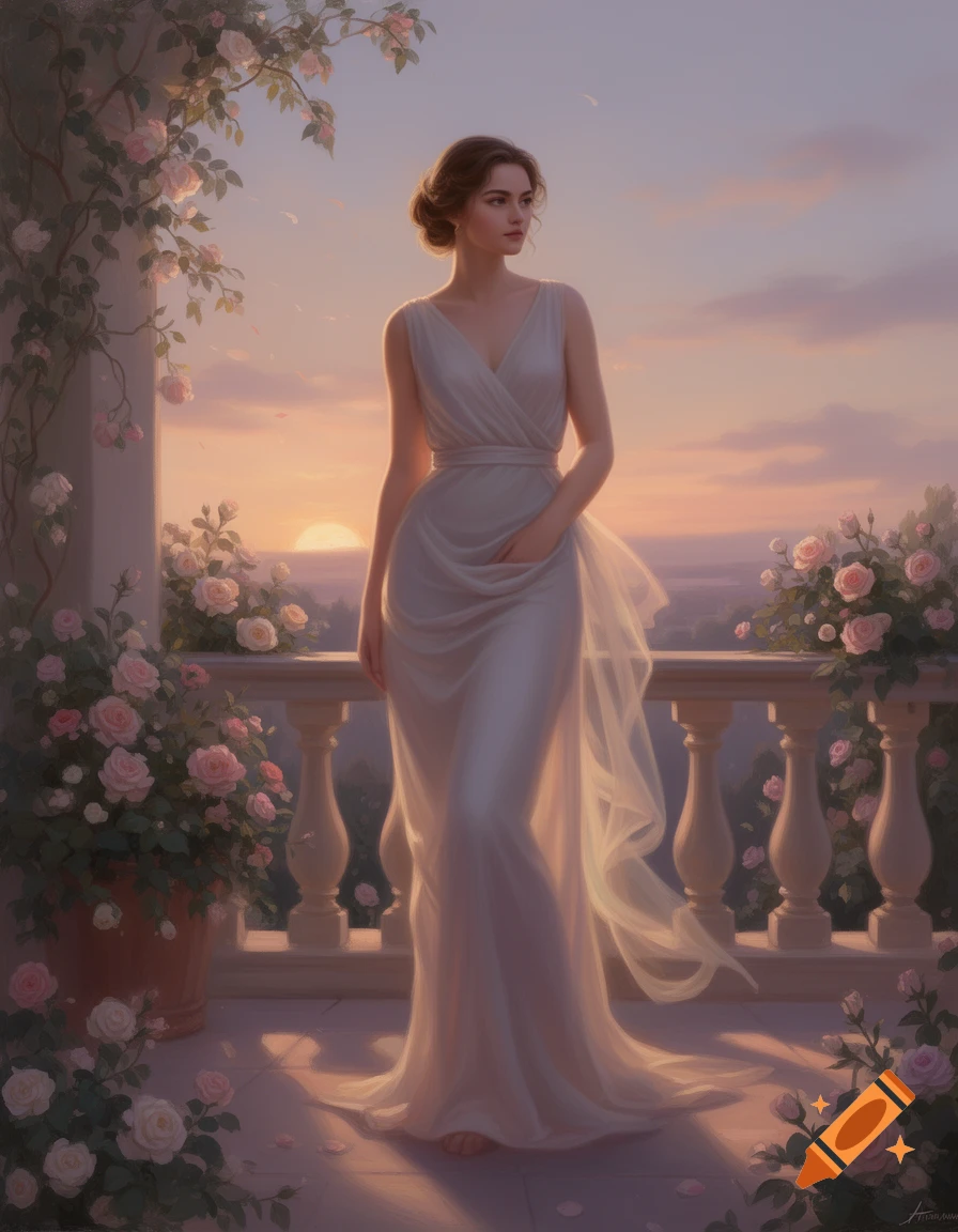 A woman in a flowing white dress stands on a rose-adorned balcony at sunset, in an ethereal classical painting style.