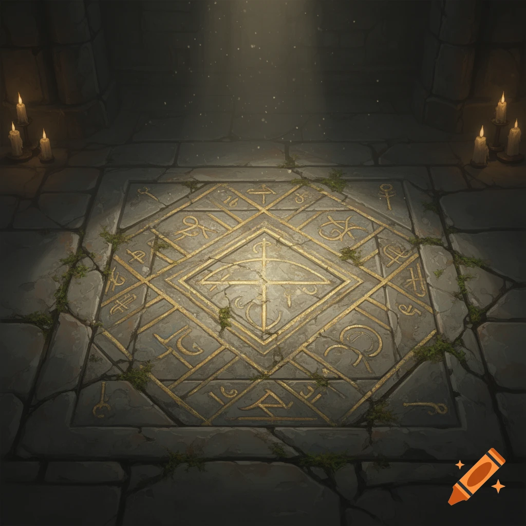 An overhead view of an ancient stone dungeon floor featuring intricate golden arcane symbols and patterns, dimly lit by ethereal light and surrounding candles.