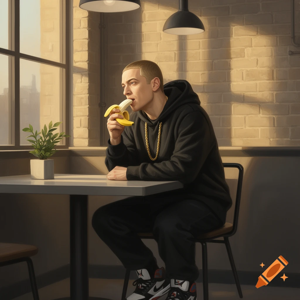 Eminem in a black hoodie and gold chain sits at a table, eating a banana by a sunny window.