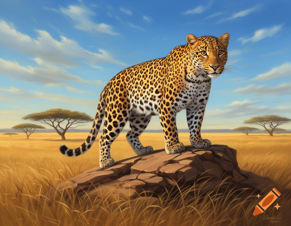 A majestic leopard with spotted fur stands atop a rock in a golden savanna landscape under a bright blue sky, digital painting.