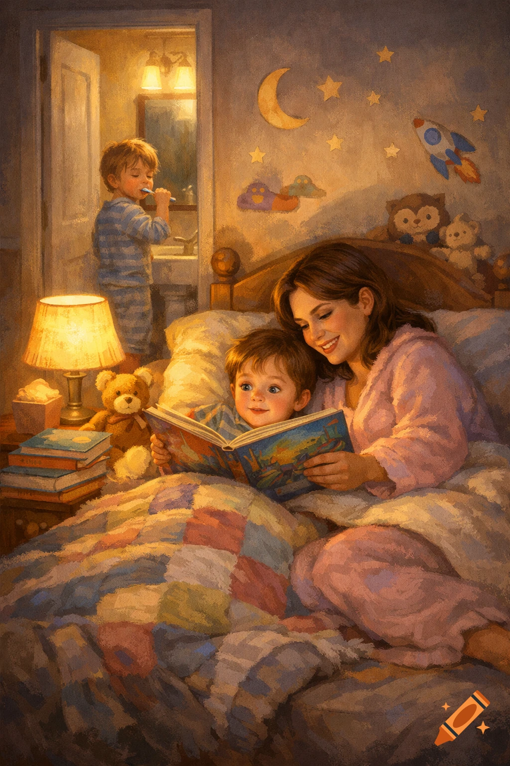 Painterly illustration of a mother reading a storybook to her child in bed, while another child brushes teeth in the bathroom.