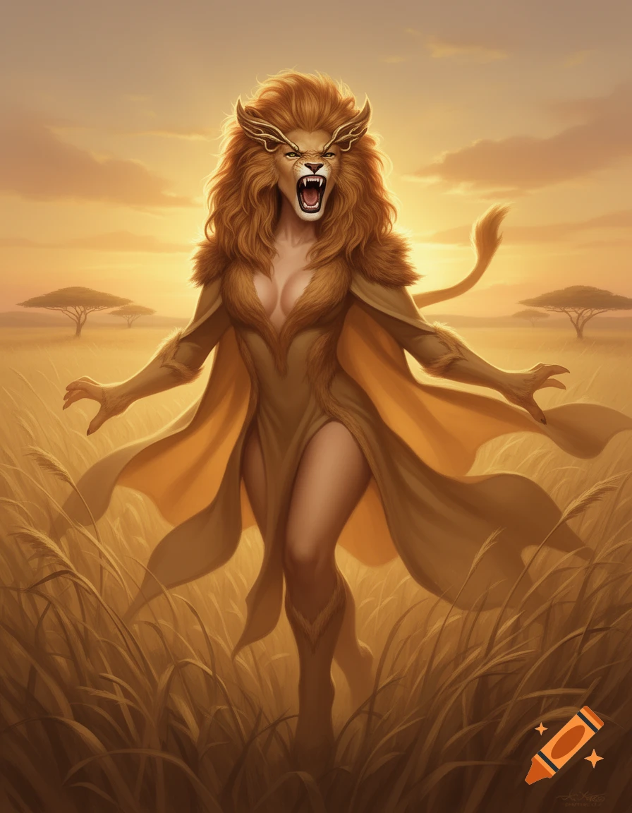 A powerful lioness-woman with a flowing mane roars, standing in a golden savanna at sunset, detailed fantasy illustration.