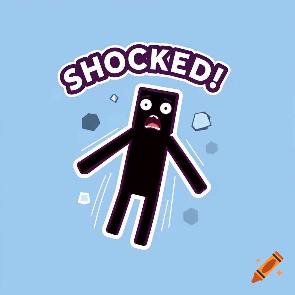 Cartoon sticker of a black rectangular character with a shocked expression, floating amidst debris on a light blue background.