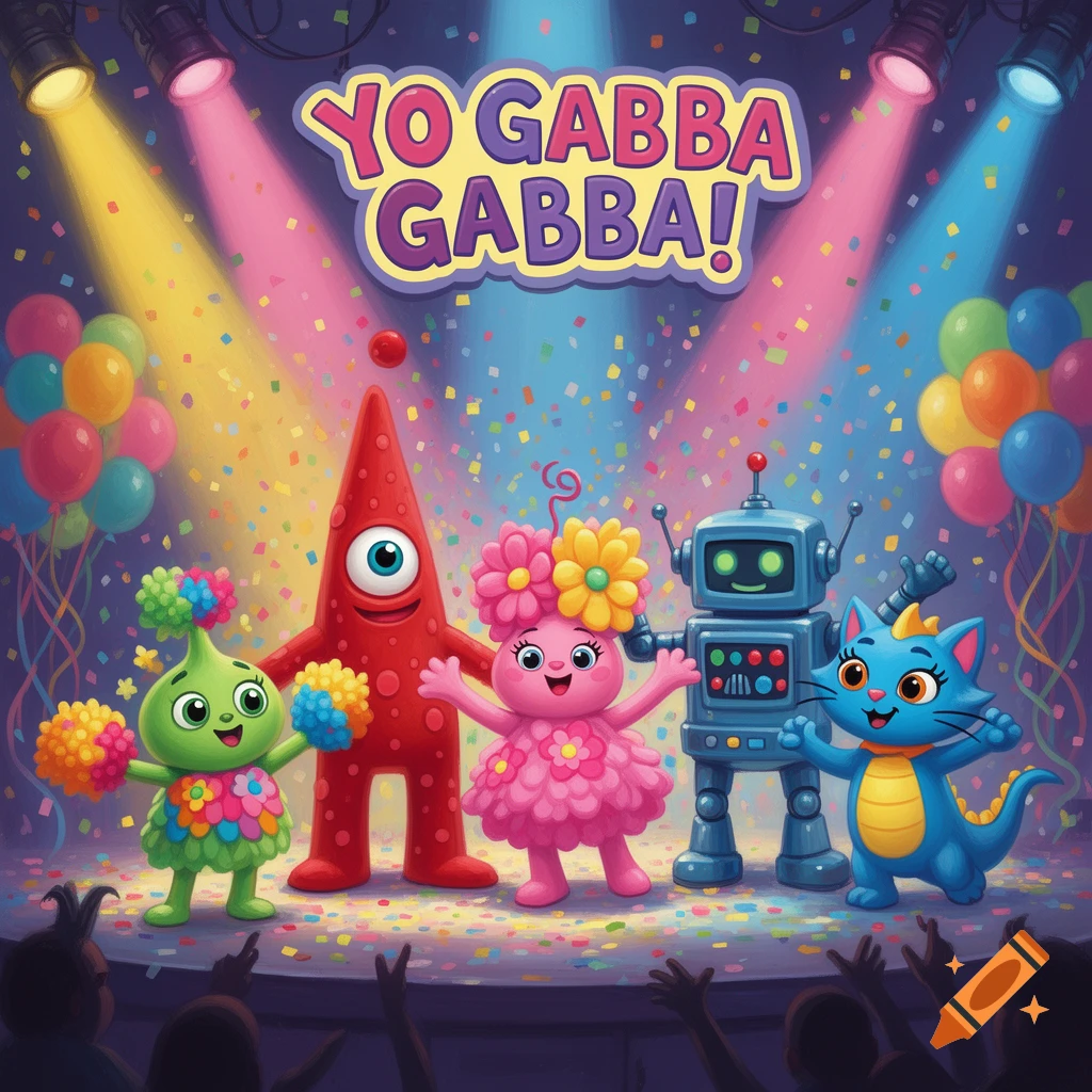 Cartoon characters Brobee, Muno, Foofa, Plex, and Toodee from Yo Gabba Gabba! on a colorful stage with confetti.