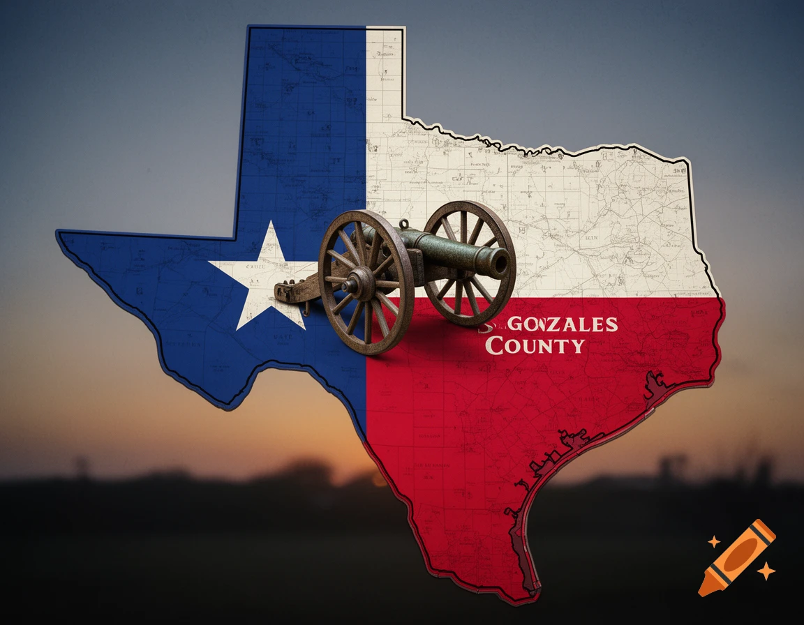 A stylized map of Texas in the colors of its state flag, with an antique cannon positioned over Gonzales County.