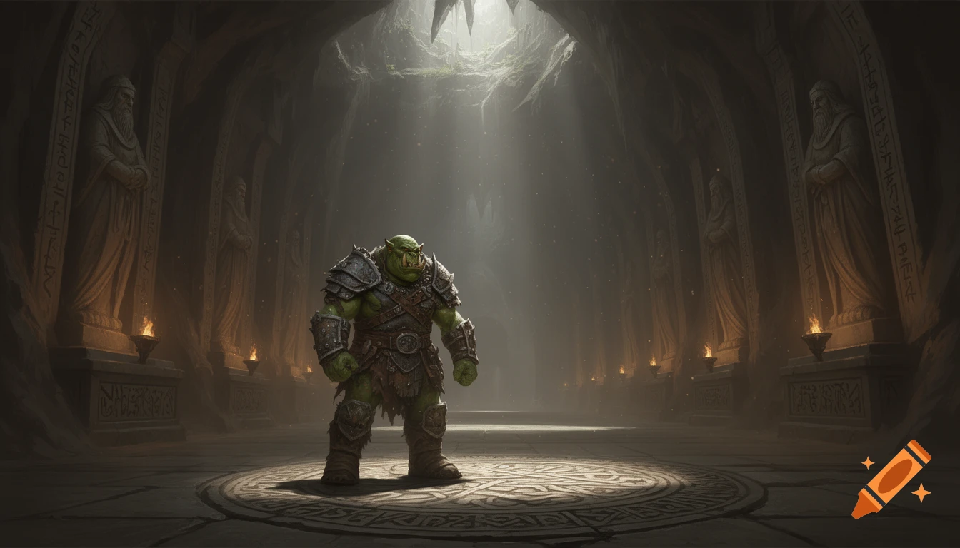 A large armored green orc stands in a torch-lit, cavernous fantasy hall with ancient statues and glowing light from above.
