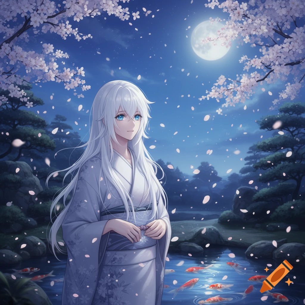 An anime girl with white hair and blue eyes in a kimono stands by a koi ...