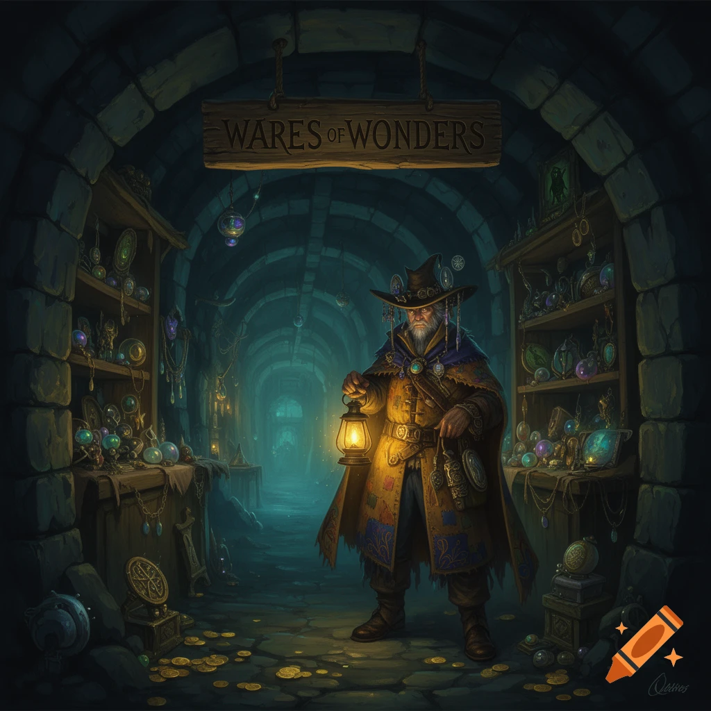 A fantasy merchant with a lantern stands in a dark dungeon shop with shelves of magical wares and scattered gold.
