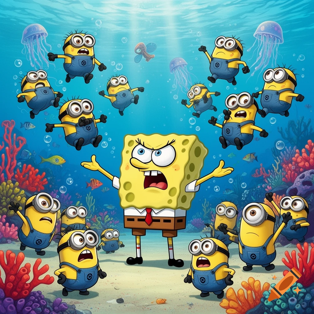 Angry Spongebob stands on the seafloor, surrounded by many surprised and fearful Minions, amidst colorful coral and jellyfish.