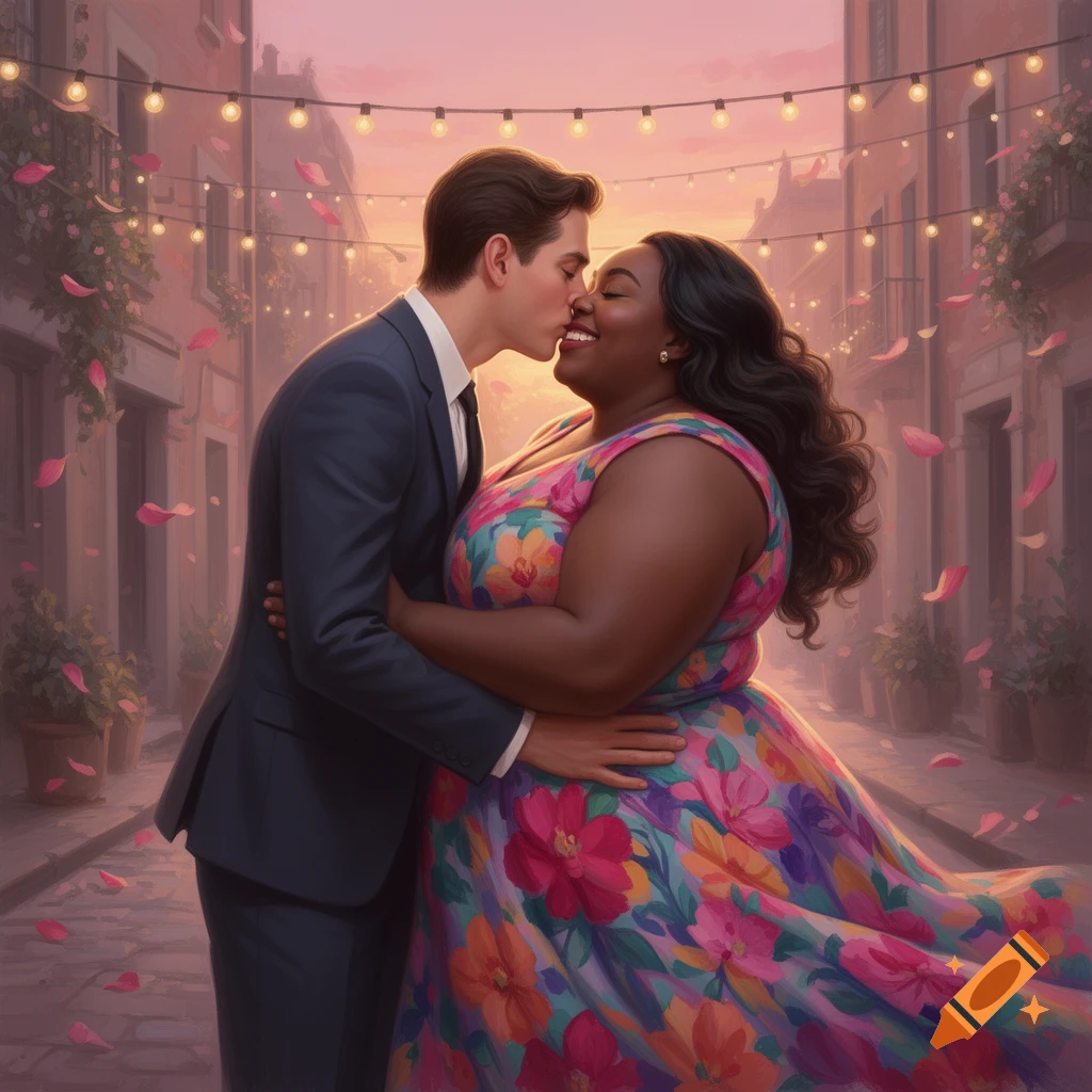 An illustrative image of a man in a suit kissing a woman in a floral dress on a romantic street with string lights and falling petals.