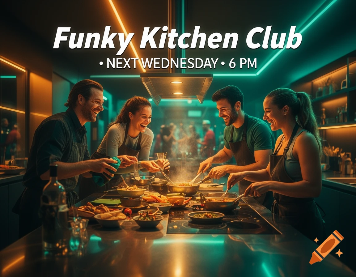 Four smiling people cook together in a modern, neon-lit kitchen, with text 'Funky Kitchen Club • Next Wednesday • 6 PM'.