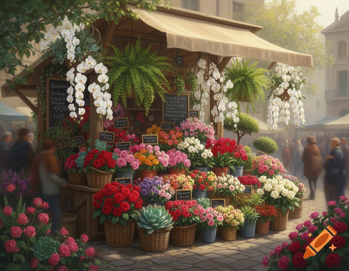 A vibrant flower stall under a canopy, overflowing with colorful roses, orchids, and potted plants in a bustling market scene.
