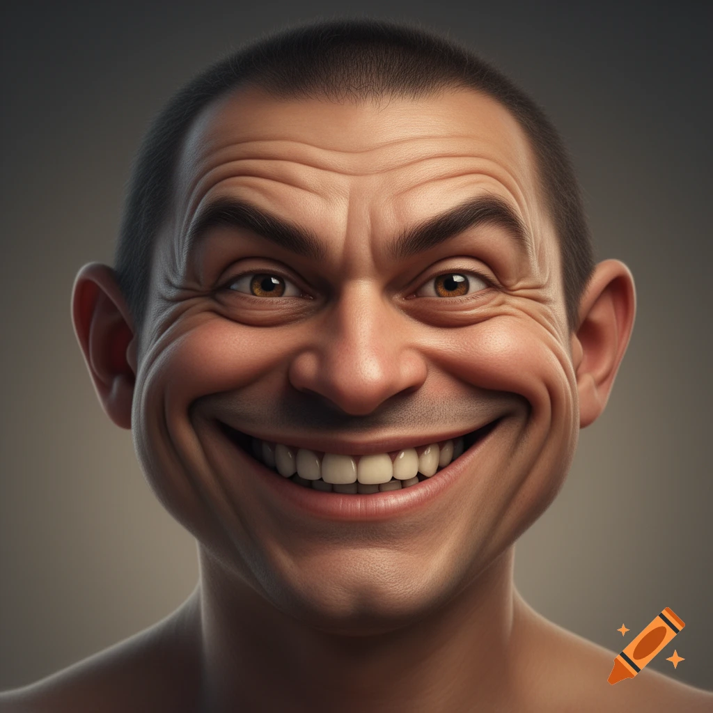 Photorealistic caricature of a man's face with an exaggerated, wide, toothy smile and wrinkled features, mimicking a trollface meme.