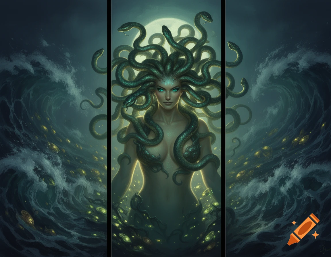 A triptych of Medusa, depicted with snakes for hair and glowing eyes, emerging from dark, wavy water with luminous elements under a full moon.