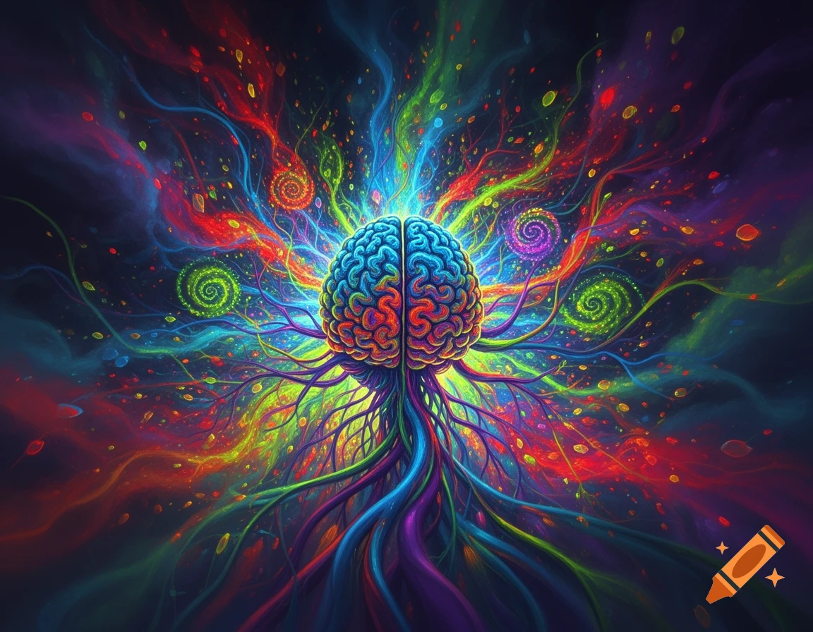 Vibrant abstract art of a human brain with colorful glowing tendrils and swirling energy against a dark background.