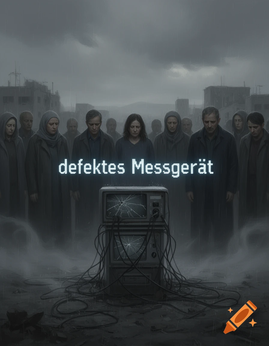 A somber crowd stands in the rain before two broken, stacked TVs with tangled wires, in a bleak, post-apocalyptic setting, with text 'defektes Messgerät' floating above.