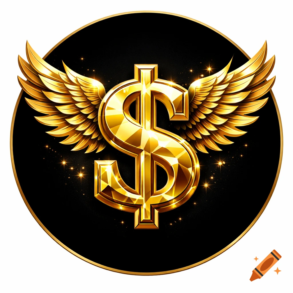 A glittering golden dollar sign with outstretched wings on a black background, with tiny golden sparks.
