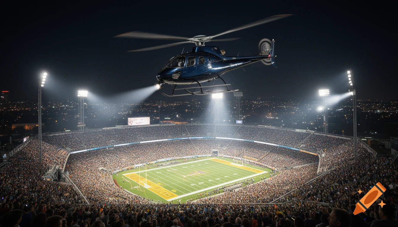 A dark blue helicopter with bright spotlights flies over a crowded football stadium lit up at night.