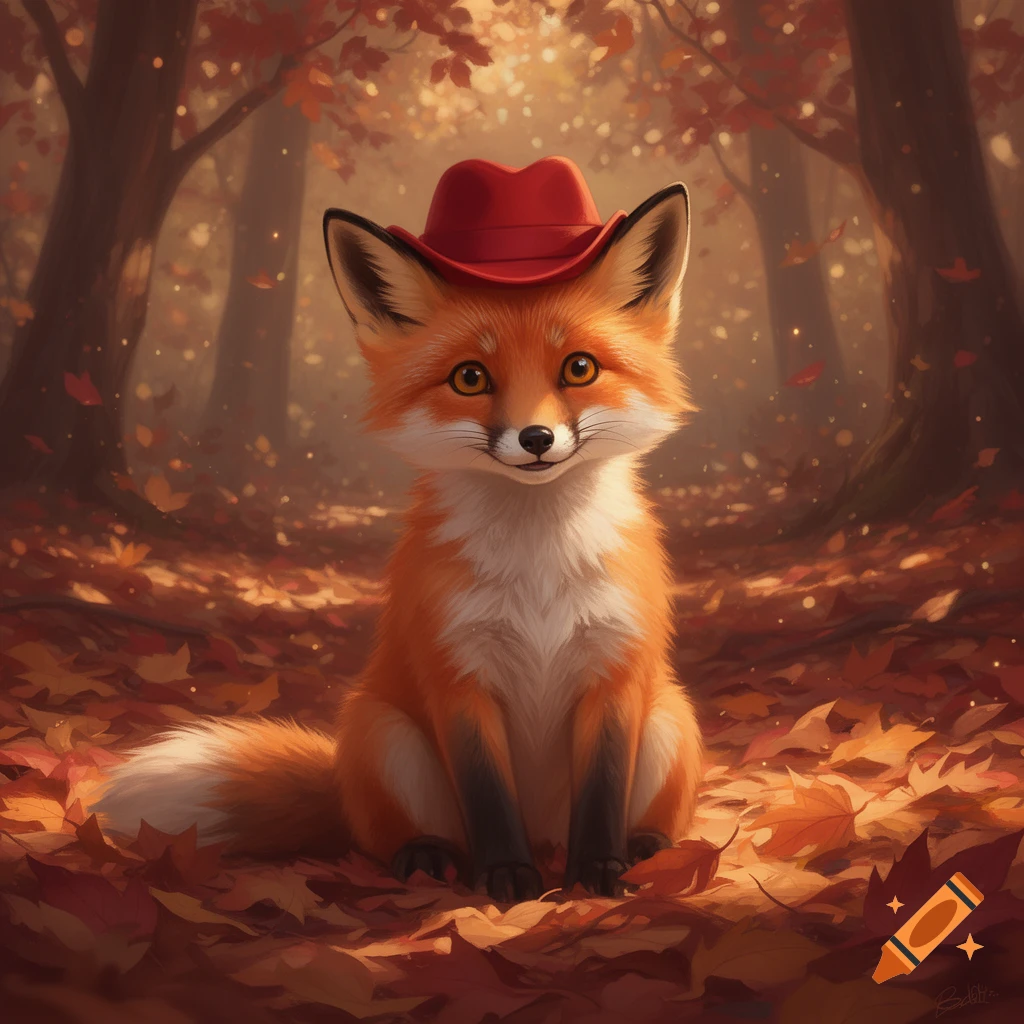 A cute, fluffy red fox wearing a small red cowboy hat sits among fallen autumn leaves in a sun-dappled forest.