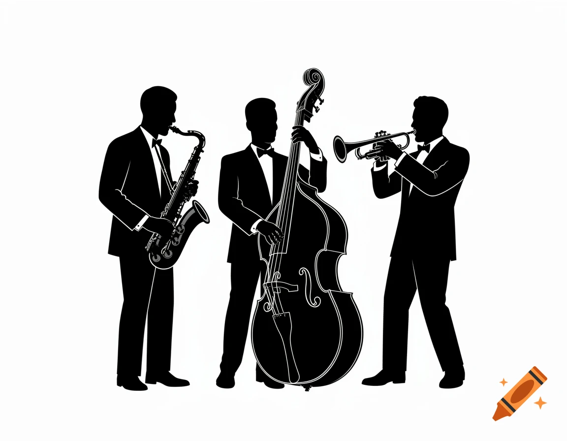 Silhouettes of three jazz musicians playing saxophone, double bass, and trumpet.