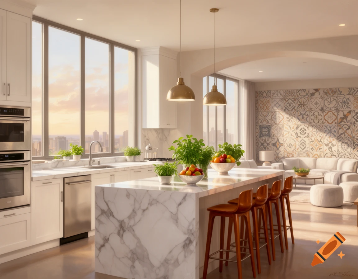 Photorealistic image of a modern open-plan kitchen and living area with a white marble island, bar stools, large windows, and a city view.