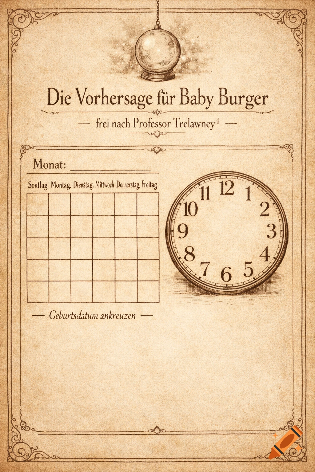 A vintage-style baby prediction quiz sheet on parchment with a crystal ball, a blank calendar, and a clock without hands, featuring German text.