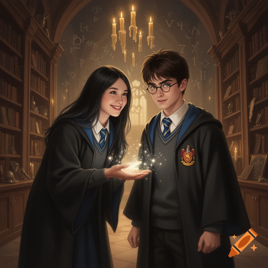A girl in wizard robes holds glowing magic, as a boy in glasses watches, in a magical library.