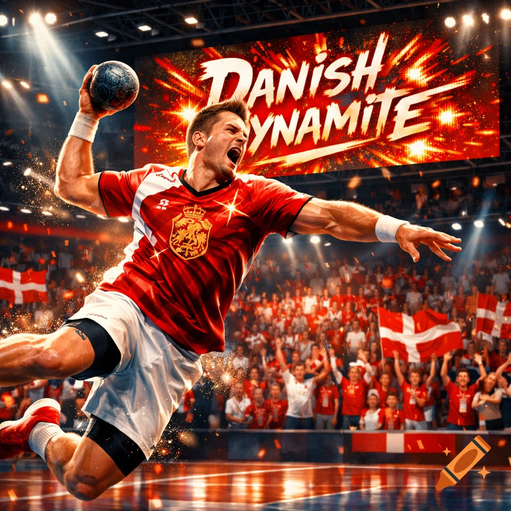 A male handball player in a red Danish jersey leaps to throw a ball in a packed arena with "DANISH DYNAMITE" on a large screen and waving flags.